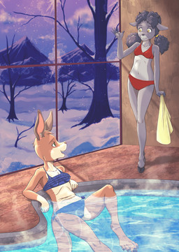 2_toes 4_toes adolescent anthro barefoot bikini bikini_bottom bikini_top breasts clothing cloven_hooves digitigrade duo eyebrows feet female fur hair holding_object holding_towel hooves hot_tub navel open_mouth partially_submerged paws plant pouch_(anatomy) sitting small_breasts smile snow snowing snowing_outside standing swimwear tail toes towel tree two-piece_swimsuit unguligrade water young young_anthro young_female risingdragon bovid caprine kangaroo macropod mammal marsupial sheep digital_media_(artwork) hi_res