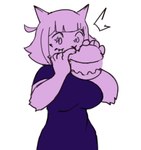 anthro black_clothing black_dress black_nose breasts burger clothed clothing dress eating eating_food female food fur hair holding_burger holding_food holding_object purple_body purple_fur purple_hair simple_background solo white_background megaomega vkontakte masyunya_(vkontakte) domestic_cat felid feline felis mammal 2022