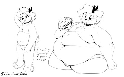 annoyed anthro antlers before_and_after blush bodily_fluids burger clothing collar deep_navel eating embarrassed food hand_behind_head holding_food holding_object horn male mostly_nude navel obese obese_anthro obese_male overweight overweight_anthro overweight_male sidecut slightly_chubby slightly_chubby_anthro slightly_chubby_male solo standing sweat sweatdrop text time_skip twitter_handle underwear weight_gain chubbierjako jako_(chubbierjako) deer mammal 2023 black_and_white english_text hi_res line_art monochrome nonbinary_(lore)