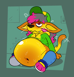 ambiguous_gender anthro baseball_cap belly belly_blush big_belly bloated blush bodily_fluids body_blush bottomwear clothed clothing clothing_lift denim denim_bottomwear denim_clothing embarrassed flying_sweatdrops footwear fur hair half-closed_eyes hat headgear headwear highlights_(coloring) hoodie huge_belly inflation jeans long_ears multicolored_body multicolored_fur narrowed_eyes navel nervous obese obese_ambiguous overweight overweight_ambiguous pants paw_shoes pink_hair rumbling_stomach shirt shirt_lift shoes sitting sneakers solo sweat sweatdrop tail tail_motion tailwag topwear whiskers wiggle_lines yellow_body yellow_fur pawplants madd_(pawplants) adlet hi_res nonbinary_(lore)