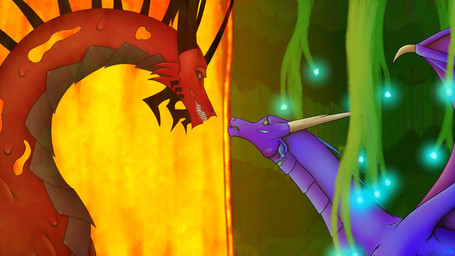 black_horn conflict duo evil_face feral fire glowing grin holes_in_body horn male plant purple_body red_body scar scared smile torn_ear wings janbluthederg mythology inachukiza janblu dragon mythological_creature mythological_scalie scalie 16:9 widescreen