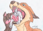 ambiguous_gender anthro anus balls duo extreme_size_difference fangs fur gaping_mouth genitals male male/ambiguous mouth_shot nude open_mouth palate simple_background size_difference soft_vore swallowing teeth tongue vore white_background forceswerwolf canid canine fox lagomorph leporid mammal rabbit traditional_media_(artwork)