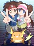 2018 3:4 >_< ambiguous_gender clothed clothing eyes_closed female generation_1_pokemon group hat headgear headwear human male mammal nate_(pokemon) nintendo one_eye_closed pokemon pokemon_(species) raichu rairai-no26-chu rosa_(pokemon) wink