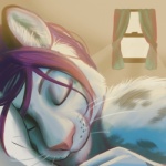 ambiguous_gender anthro eyes_closed fur grey_body grey_fur hair leopard_spots light morning purple_hair sleeping solo spots sunlight whiskers window gasmask_(artist) landreu felid leopard mammal pantherine 1:1 low_res