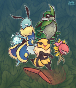 ambiguous_gender antennae_(anatomy) anthro arthropod_abdomen clothing female green_body group horn insect_wings leaf male neck_tuft open_mouth plant ribbons robe smile stinger tuft wings yellow_body taffywabbit bug_fables moonsprout_games chompy_(bug_fables) kabbu_(bug_fables) leif_(bug_fables) vi_(bug_fables) arthropod bee beetle elemental_creature flora_fauna hymenopteran insect lepidopteran moth 2021 digital_media_(artwork) hi_res