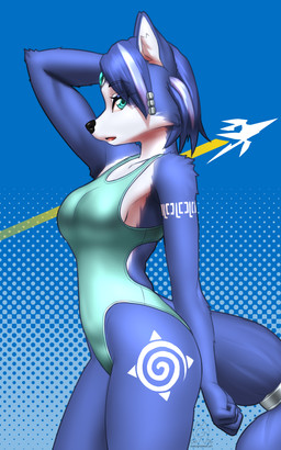 accessory anthro arm_tuft beads biped blue_body blue_fur blue_hair breasts clothed clothed_anthro clothed_female clothing countershade_torso countershading elbow_tuft eyebrows eyelashes female fingers fur green_clothing green_swimwear hair hair_accessory hair_beads inner_ear_fluff looking_at_viewer one-piece_swimsuit shoulder_tuft simple_background solo swimwear tail teal_eyes tongue tuft white_body white_fur mykegreywolf nintendo star_fox krystal_(star_fox) canid canine fox mammal 2026 5:8 absurd_res digital_drawing_(artwork) digital_media_(artwork) hi_res
