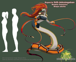 anthro apode comparing female legless multicolored_body orange_body orange_scales pink_body pink_scales rattle_(anatomy) red_eyes scales serpentine solo tail warrior whip white_body white_scales sergio_v_p_(artist) alien draconcopode gitsaykeron jeksengaban_(draod_rhaysen_species) naga reptile scalie snake