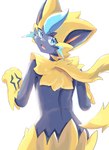 absurd_res ambiguous_gender anthro bakeneko1212 black_body blue_eyes fangs fur generation_7_pokemon hi_res legendary_pokemon looking_at_viewer nintendo open_mouth pokemon pokemon_(species) rear_view simple_background solo teeth white_background yellow_body yellow_fur zeraora