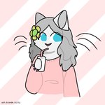 accessory anthro beverage blue_eyes clothing container cup drinking drinking_straw female flower flower_in_hair fur grey_hair hair hair_accessory looking_away milkshake pink_clothing pink_sweater pink_topwear plant solo sweater topwear whiskers white_body white_fur yellow_flower ashblondekittyy yuna_(ashblondekitty) domestic_cat felid feline felis mammal trans_(lore) trans_woman_(lore)