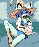 anthro beverage big_breasts bikini blue_bikini blue_clothing blue_hair blue_swimwear blush breasts cleavage clothed clothing cloud ear_tuft eye_through_hair female fingers footwear hair hat headgear headwear jacket kemono licking long_hair looking_at_viewer navel rock sandals shoes sitting sky smile solo swimwear tongue tongue_out topwear translucent translucent_hair tuft two-piece_swimsuit water yellow_eyes amboyna annabelle_(amboyna) felid feline mammal 2019 5:6 hi_res