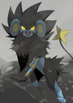 anthro black_body black_fur blue_body bright_eyes feral fur looking_at_viewer male mane open_mouth raining solo tail yellow_eyes hanato34 nintendo pokemon felid generation_4_pokemon luxray mammal pokemon_(species) hi_res