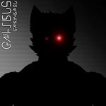 front_view galibus_(dragons_adventures) heterochromia hidden_face kuro_(dragons_adventures) male muscular mysterious_figure no_clothing shaded_background simple_background solo unreadable_writing not_bgz31 canid canine canis deity mammal wolf 1:1 hi_res monochrome