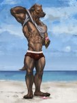 4_toes 5_fingers abs anthro barefoot beach biceps black_nose brown_body brown_fur brown_hair bulge claws clothed clothing cloud dark_body dark_fur dessert ear_piercing eyes_closed feet fingers food fur hair ice_cream ice_cream_cone male markings muscular muscular_anthro muscular_legs muscular_male navel nipple_piercing nipples orange_hair pawpads paws pecs piercing plantigrade raised_arm red_clothing red_underwear sand sea seaside serratus shirt sky solo spots spotted_body standing tank_top toe_claws toes topwear triceps underwear waffle_cone water whiskers white_clothing white_shirt white_tank_top white_topwear white_underwear epic_soul kaiden_(epic_soul) hyena mammal spotted_hyena 3:4 digital_media_(artwork) hi_res