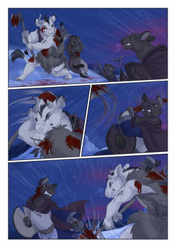 anthro arrow_(weapon) axe battle biped blood blood_on_weapon bodily_fluids brown_body brown_fur clenched_teeth clothed clothing eye_wound female feral fight fur gore group horn male melee_weapon motion_lines night outside ranged_weapon shield snow snowing sword teeth weapon white_body white_fur wind wound_on_face wounded bjekkergauken mythology herja_(bjekkergauken) hjordis the_weapon_thief aurochs avian bear bird bovid bovine deer mammal moose new_world_deer recently_extinct_species suid suine sus_(pig) wild_boar 2025 colored comic hi_res