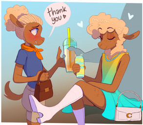 5_fingers anthro ascot beverage beverage_can blue_clothing blue_eyes blue_shirt blue_topwear blush blush_lines boots border bottomwear brown_body brown_fur brown_purse can closed_smile clothed clothing container crossdressing crossdressing_male crossed_legs dress duo eyelashes eyes_closed femboy fingers footwear fur gradient gradient_background hair heart_symbol hearts_around_head holding_beverage holding_can holding_container holding_object holding_purse looking_at_another male mouth_closed ponytail purse shirt shoes shorts side_view simple_background sitting smile standing tail tan_bottomwear tan_clothing tan_hair tan_shorts topwear white_boots white_border white_clothing white_footwear white_purse heresvix dani_(heresvix) bovid caprine mammal sheep 2025 hi_res multiple_scenes