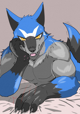 4_fingers black_claws black_hands black_nose blue_body blue_fur claws fingers fur grey_body grey_fur male nude_anthro nude_male solo two_tone_tail yellow_eyes raimuoekaki canid mammal 2026 character_request colored hi_res