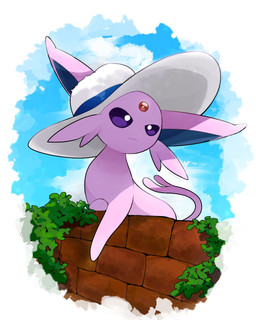 ambiguous_gender brick_wall bright_pupils closed_smile clothing cloud feral forehead_gem forked_tail gem hat headgear headwear ivy_(plant) mouth_closed pink_body pupils purple_eyes sky smile solo tail unusual_anatomy unusual_tail wall_(structure) white_clothing white_hat white_headwear white_pupils yuyunoya nintendo pokemon eeveelution espeon generation_2_pokemon pokemon_(species) 2022 absurd_res hi_res
