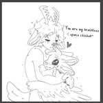 3_fingers 4_ears anthro antlers big_ears big_eyes black_sclera blush calm chest_tuft chibi curly_hair duo ears_down eyes_closed feathers fingers fluffy fur hair heart_symbol horn hug hugging_another looking_up looking_up_at_another male male/male multi_ear nude pivoted_ears scut_tail short_tail silly silly_face simple_background size_difference smile tail text tuft white_body white_feathers white_fur winged_arms wings elenmilk fyr_(fenrir784) gooddeer avali avian bird deer mammal new_world_deer reindeer 1:1 digital_media_(artwork) english_text half-length_portrait hi_res letterbox monochrome portrait sketch