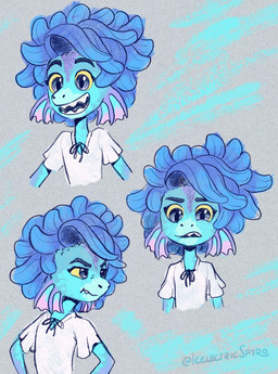 ambiguous_gender anthro blue_eyes clothed clothing frill_(anatomy) membrane_(anatomy) membranous_frill smile solo split_form teeth yellow_sclera icelectricspyro disney luca_(pixar) pixar fan_character aquatic merfolk digital_media_(artwork) hi_res signature
