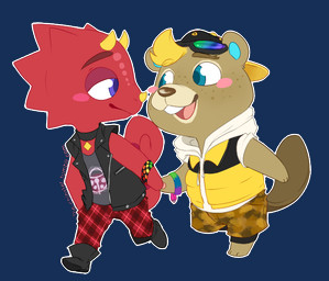 alternative_fashion anthro blue_eyes blush chibi clothing duo eyewear hand_holding hat headgear headwear horn male male/male punk red_body red_scales scales simple_background sunglasses transparent_background drchibster animal_crossing nintendo c.j._(animal_crossing) flick_(animal_crossing) beaver chameleon lizard mammal reptile rodent scalie alpha_channel
