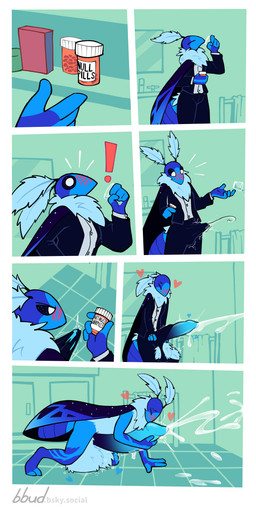anthro balls bathroom_sink bathroom_tiles big_balls big_penis blue_body blue_fur blue_penis blush bodily_fluids bottomwear clothing cum drinking_water ejaculation erection excessive_cum excessive_genital_fluids exclamation_point expansion fluffy_balls fur genital_expansion genital_fluids genital_growth genitals growth hands-free huge_balls huge_penis hugging_penis hyper hyper_balls hyper_genitalia hyper_penis male medication medicine_cabinet pants penis penis_expansion penis_growth solo suit surprised tenting text torn_bottomwear torn_clothing torn_pants unstoppable_orgasm bernie-buddy arthropod insect lepidopteran moth absurd_res comic english_text hi_res
