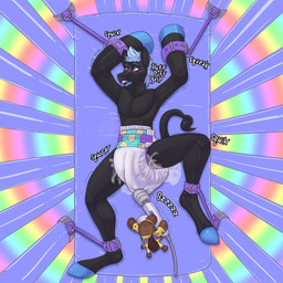 abstract_background anthro big_diaper black_body black_fur blue_eyes blue_hair blue_hooves blue_tongue blush bodily_fluids bound crib cum cum_in_diaper cum_leaking_out diaper erection erection_in_diaper forced forced_orgasm fur genital_fluids hair hooves male mattress mohawk onomatopoeia orgasm orgasm_face plushie precum rainbow rainbow_background restraints sex_toy simple_background solo sound_effects spiral_background spread_eagle text tongue unclean_diaper vibrator wand_vibrator jimmyrumshot animate_inanimate asinus donkey equid equine living_plushie mammal 1:1 hi_res