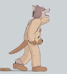 anthro biped brown_hair clothing costume fangs fur furry_wearing_fursuit fursuit hair male open_mouth simple_background solo tan_body tan_fur teeth yawn avogado6 canid canine mammal 2023 absurd_res digital_media_(artwork) hi_res