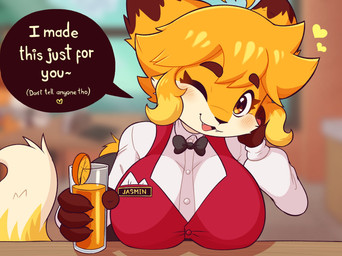 4_fingers anthro beverage big_breasts biped blurred_background blush breasts clothed clothed_anthro clothed_female clothing container cup cute_fangs dialogue dipstick_ears dipstick_tail ear_markings eyebrows eyelashes fangs female female_anthro fingers glass glass_container glass_cup hair juice_(beverage) looking_at_viewer markings multicolored_ears one_eye_closed open_mouth orange_eyes orange_hair orange_juice solo speech_bubble tail tail_markings talking_to_viewer teeth text wink winking_at_viewer jasminthemanticore jasmin_(jasminthemanticore) canid canine fox mammal 2026 english_text hi_res