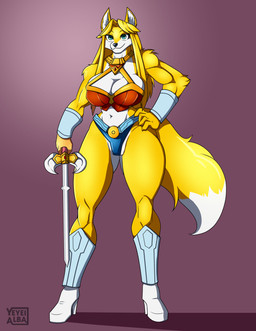 anthro armor belt big_breasts bracers breasts cleavage clothed clothing curvy_figure dipstick_tail female fur hair hero japanese long_hair markings melee_weapon muscular muscular_anthro muscular_female small_waist smile solo superhero sword tail tail_markings thick_thighs warrior weapon yellow_body yellow_fur yeyeialba houri_furie canid canine fox mammal hi_res