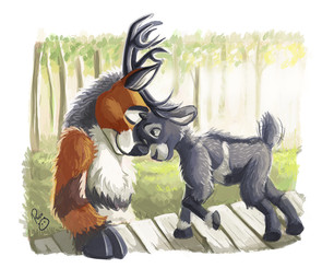 ambiguous_feral ambiguous_gender anthro antlers black_antlers black_hooves brown_body brown_fur closed_smile duo eyes_closed feral fur grey_body grey_fur head_to_head hooves horn logo male male_anthro mouth_closed nude outside plant side_view smile tree white_body white_fur young young_feral pandapaco bovid caprine deer goat mammal artist_logo signature