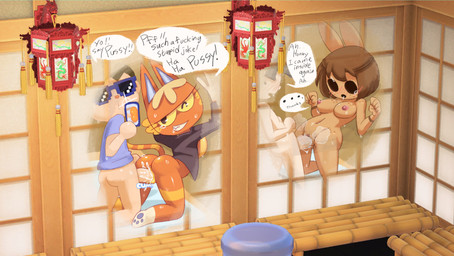 3_toes 5_fingers anthro anus big_sister_villager black_eyes bodily_fluids bottomless breasts brown_hair clitoris clothed clothing cum cum_in_vagina cum_inside dialogue ejaculation electronics eyewear featureless_feet featureless_hands feet female fingers fur genital_fluids genitals group hair male male/female normal_villager nude orange_body orange_fur orgasm penetration penis phone screencap sex sunglasses sweat text toes vaginal vaginal_penetration vulva yellow_eyes minus8 animal_crossing nintendo coco_(animal_crossing) katt_(animal_crossing) domestic_cat felid feline felis human lagomorph leporid mammal rabbit english_text hi_res