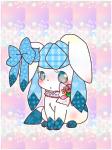 accessory bow_(feature) bow_accessory collar ear_bow female feral garter neck_garter pattern_background pink_background ribbons simple_background sitting solo white_background kinaconne_xl nintendo pokemon eeveelution generation_4_pokemon glaceon pokemon_(species) 2016 3:4 digital_media_(artwork) full-length_portrait portrait