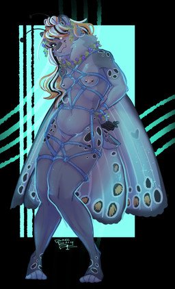 abstract_background accessory antennae_(anatomy) anthro arms_tied barbell_piercing bdsm black_background black_hair blue_body blue_eyes blue_rope blush bondage bound breasts countershading digitigrade ear_piercing featureless_crotch feet female flower flower_accessory flower_in_hair fur genitals green_eyes grey_body grey_fur hair hair_accessory hands_behind_back harness heart_(marking) insect_wings jewelry legs_tied lepidopteran_wings long_hair looking_at_viewer markings navel neck_tuft nipple_piercing nipples nude one_eye_obstructed orange_hair piercing plant pose restraints rope rope_bondage rope_harness simple_background slightly_chubby small_breasts smile solo spots spotted_markings standing tail text toes tuft vulva white_body white_fur white_hair wings geniebuy arthropod hybrid insect lepidopteran mammal moth 2025 absurd_res colored digital_drawing_(artwork) digital_media_(artwork) english_text hi_res pinup shaded signature