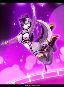 accessory anthro appeal bdsm big_breasts binding black_hair bondage bound breasts butt chain choker clothed clothing collar dancing female fluffy footwear fur hair heel high_heels horn jewelry latex looking_at_viewer necklace nipples nude open_mouth paws piercing pole pole_dancing shoes simple_background solo stripper striptease tail translucent undressing white_body white_fur hotarusunshine narikusha canid canine canis deer hybrid mammal wolf artist_collaboration digital_media_(artwork) full-length_portrait hi_res portrait