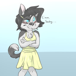 abstract_background annoyed anthro black_hair black_nose blue_eyes blush bodily_fluids clothed clothing cum cum_on_face dialogue dipstick_tail dress female fur genital_fluids grey_tail hair inner_ear_fluff markings multicolored_tail simple_background solo standing tail tail_markings text tuft two_tone_tail white_tail young backsash chelsea_chamberlain canid canine canis domestic_dog karelian_bear_dog mammal spitz 1:1 2016 absurd_res digital_media_(artwork) english_text hi_res
