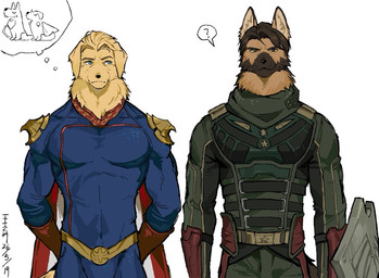 alternate_species anthro black_body black_fur black_nose brown_body brown_fur cape clothing floppy_ears fur furrification kemono looking_at_another looking_at_viewer male multicolored_body multicolored_fur muscular muscular_anthro muscular_male pointy_ears question_mark shield simple_background solo superhero superhero_costume tan_body tan_fur thought_bubble two_tone_body two_tone_fur white_background fish7163 the_boys_(series) homelander_(the_boys) soldier_boy_(the_boys) bird_dog canid canine canis domestic_dog german_shepherd golden_retriever herding_dog hunting_dog mammal pastoral_dog retriever 2026 signature