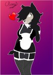 anthro black_body black_hair bone border breasts cleavage clothed clothing female fishnet_clothing fishnet_legwear fishnet_thigh_highs garter_straps gradient_background hair hair_over_eye hand_on_chest heart_symbol legwear looking_at_viewer maid_uniform no_pupils one_eye_obstructed purple_background simple_background skull skull_head solo thigh_gap thigh_highs uniform white_border bestiademimbre scp_foundation scp-1471-a absurd_res hi_res portrait signature three-quarter_portrait