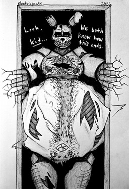 abdominal_bulge anthro belly big_belly body_hair body_outline chest_hair cracks darkness dialogue doorway first_person_view front_view grin grinning_at_viewer happy_trail hole_in_chest hole_in_head holes_in_body huge_belly looking_at_viewer looming looming_over machine male mature_male navel nipple_piercing nipples nude_male piercing prey_outline rabbit_ears same_size_vore smile smiling_at_viewer soft_vore solo standing_in_doorway struggling struggling_prey taunting teasing text unseen_prey vore conditional_dnp electricpants138456 five_nights_at_freddy's five_nights_at_freddy's_3 scottgames springtrap_(fnaf) animatronic lagomorph leporid mammal rabbit robot robot_anthro 2026 absurd_res dated english_text hi_res monochrome shaded traditional_media_(artwork)