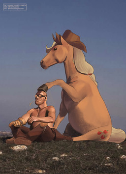 clothed clothing cowboy_hat crossed_legs crosslegged_pose duo eyewear female feral gloves goggles handwear hat headgear headwear male object_in_mouth real sitting topless wheat wheat_in_mouth homommyintown friendship_is_magic hasbro my_little_pony team_fortress_2 valve applejack_(mlp) engineer_(team_fortress_2) equid equine horse human mammal hi_res meme