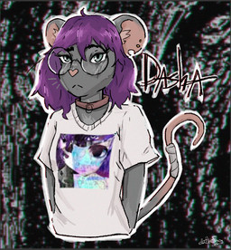 abstract_background anthro clothing collar eyewear female fur glasses grey_body grey_eyes grey_fur hair heart_nose heart_symbol pink_nose purple_hair shirt solo tail topwear ellathefoxy sewerslvt fan_character mammal mouse murid murine rodent