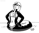 bikini breasts cleavage clothed clothing female hair inflatable smile solo swimwear two-piece_swimsuit water tegerio zandar's_saga kelly_o'dor animate_inanimate living_inflatable mammal mephitid skunk 2023 greyscale hi_res monochrome