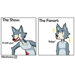 anthro arm_tuft black_nose blep blood blood_on_clothing blood_on_face bodily_fluids cheek_tuft clothing comparison elbow_tuft facial_tuft fangs fur glare grey_body grey_clothing grey_fur grey_shirt grey_tank_top grey_topwear humor male pecs scratches scruffy shirt simple_background snarling solo sparkles tank_top teeth text tongue tongue_out topwear tuft white_background blufoxery beastars legoshi_(beastars) canid canine canis mammal wolf 1:1 2021 absurd_res digital_media_(artwork) english_text hi_res signature