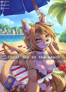 anthro beach beach_towel beverage big_breasts bikini bikini_thong black_bikini black_clothing black_swimwear blonde_hair breasts brown_highlights butt choker city clothed clothing coconut coconut_drink drinking_straw drupe_(fruit) eyebrows eyelashes fangs feet female food fruit fur green_eyes hair hand_on_cheek highlights_(coloring) inner_ear_fluff jewelry lying neck_tuft necklace off_shoulder on_back outside parasol plant selfie smile solo sunscreen swimwear teeth text towel tuft two-piece_swimsuit white_body white_fur yellow_body yellow_fur acedark258 mihoyo zenless_zone_zero pulchra_fellini felid feline felis mammal thiren 2025 absurd_res dithering english_text hi_res