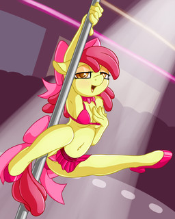 accessory anthro anthrofied biped bottomwear bow_(feature) bow_accessory bow_ribbon breasts centered_hair_bow clothing dancing female footwear hair hair_accessory hair_bow hair_ribbon half-closed_eyes high_heels inside long_hair looking_at_viewer miniskirt narrowed_eyes navel open_mouth pole pole_dancing ribbons shoes skirt small_breasts solo spread_legs spreading stripper young young_anthro young_female fearingfun friendship_is_magic hasbro my_little_pony apple_bloom_(mlp) earth_pony equid equine horse mammal pony 2015 absurd_res digital_media_(artwork) hi_res
