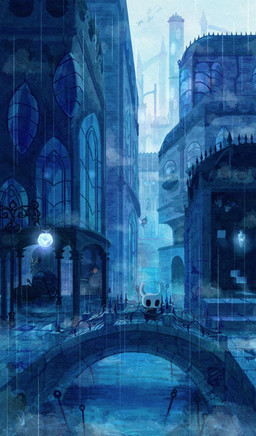 2_horns ambiguous_gender biped black_eyes bridge city cloak clothing detailed_background flying group holding_melee_weapon holding_object holding_weapon horn melee_weapon orange_eyes outside raining standing street_lamp water weapon wings blipbugbug hollow_knight_(franchise) team_cherry the_knight_(hollow_knight) arthropod infected_(species) vessel_(species) 2023 hi_res painting_(artwork)
