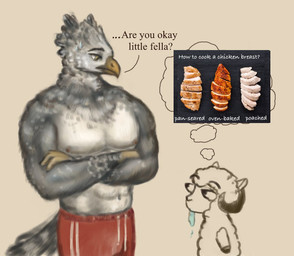 abs anthro beak bodily_fluids bottomwear clothing crossed_arms dialogue dripping duo ears_up eye_contact eyebrows feathers fur horn looking_at_another looking_down male male/male muscular muscular_anthro muscular_male navel nipples saliva saliva_drip saliva_string shorts tail tail_feathers text thinking thought_bubble wool_(fur) reynard_goodfellow reynard_the_baa avian bird bovid caprine mammal sheep english_text