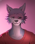 anthro blue_body blue_fur cheek_tuft clothed clothing facial_tuft front_view fur gradient_background grey_nose male mouth_closed narrowed_eyes red_clothing red_shirt red_topwear shirt simple_background solo topwear tuft white_body white_fur 100racs beastars legoshi_(beastars) canid canine canis mammal wolf hi_res