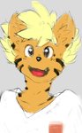 anthro black_stripes blonde_hair clothing fur hair looking_at_viewer male orange_body orange_fur shirt smile solo sports_jersey stripes t-shirt topwear sunhuiz charlie_(sunhuiz) felid mammal pantherine tiger bust_portrait hi_res portrait