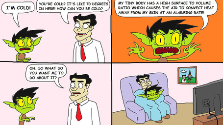 4_panel_comic accessory bedding black_hair blanket chair comfy dialogue duo electronics female furniture green_body green_skin hair humanoid_pointy_ears interspecies male male/female married_couple necktie orange_background picture_on_wall pink_background pointy_ears red_necktie short_hair simple_background smile television text yellow_sclera reviewspossum goblin human mammal 16:9 2025 comic english_text widescreen