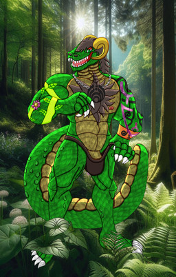 anthro black_hair clothing clothing_pull flower_accessory fluffy fluffy_chest forest forest_background hair horn jewelry jockstrap jockstrap_pull male muscular muscular_anthro nature nature_background necklace open_mouth plant solo tattoo tree underwear underwear_pull vines kingmana mythology kingmana_(character) dragon mythological_creature mythological_scalie scalie absurd_res hi_res